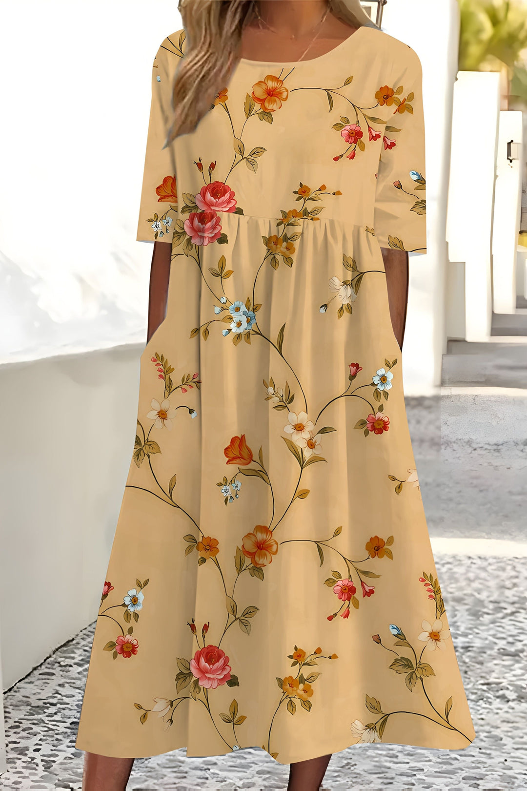 Elegant women's floral midi wrap dress with a flattering silhouette, perfect for summer parties or day wear.