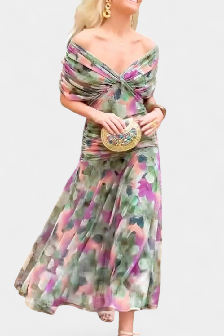 Elegant women's long sleeve floral maxi dress with a flattering off-shoulder design. Ideal for ceremonies.