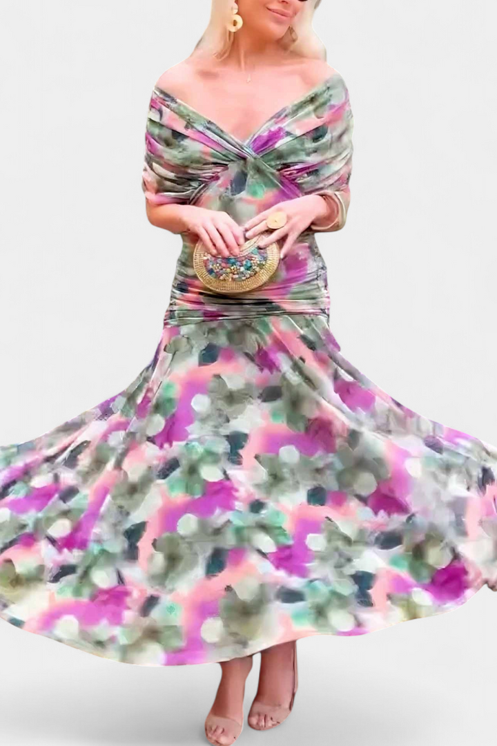 Flowing floral off-shoulder long sleeve maxi dress for women, an elegant choice for evening events.