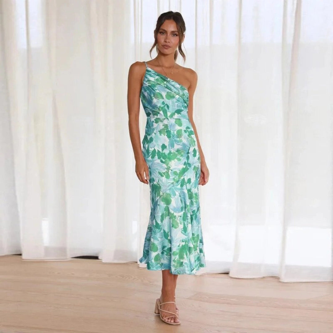 Chic floral one-shoulder midi dress for women, an elegant choice for wedding guests & special events.