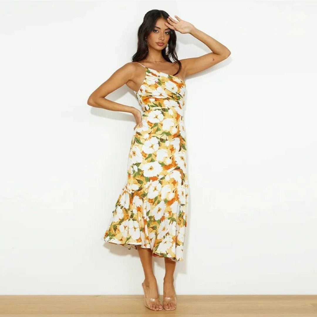 Stylish women's floral one-shoulder midi wedding guest dress, a sophisticated special occasion outfit.