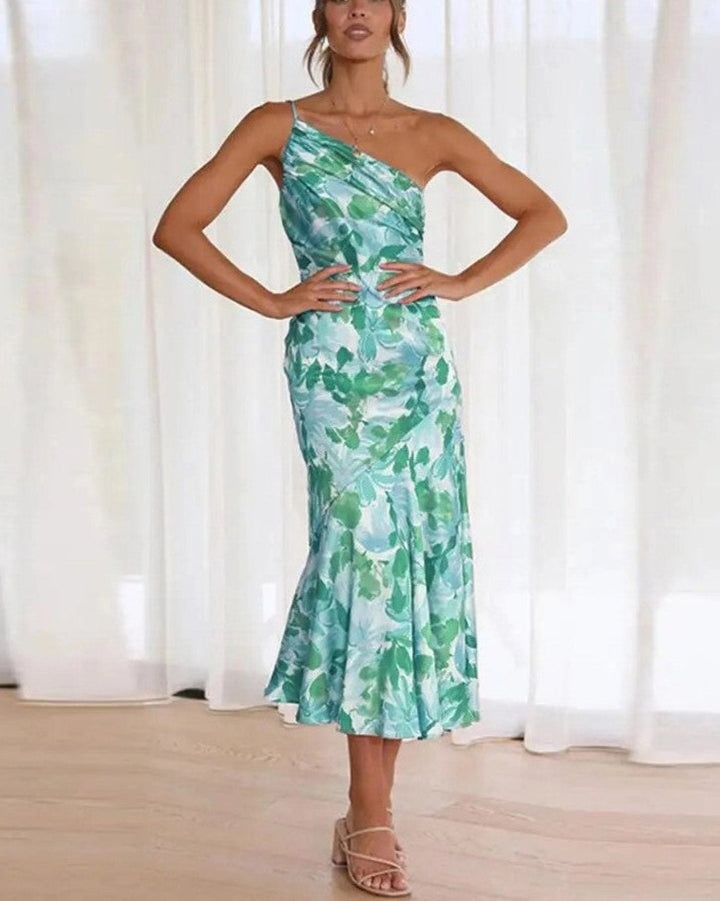 Sophisticated women's floral one-shoulder midi dress, perfect for summer weddings & cocktail parties.