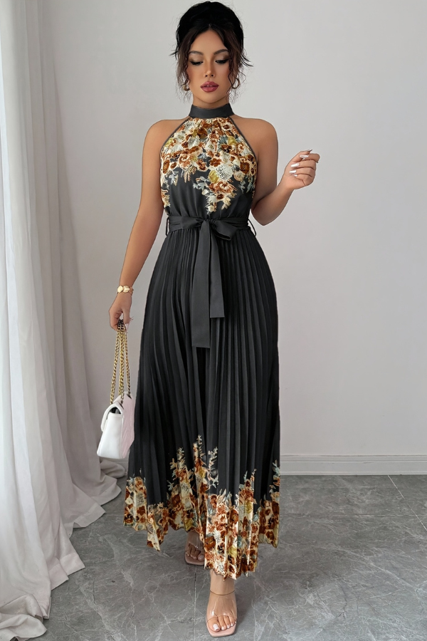 Casual chic women's floral midi dress, sleeveless, featuring pleats and a flattering square neck.