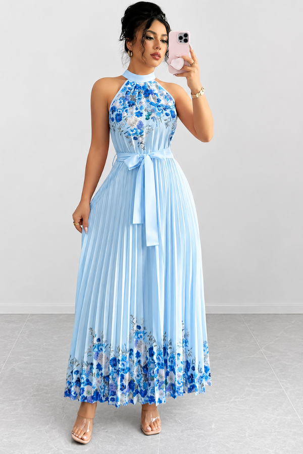 Casual chic women's floral midi dress, elegantly pleated with a square neck, ideal for summer fashion.