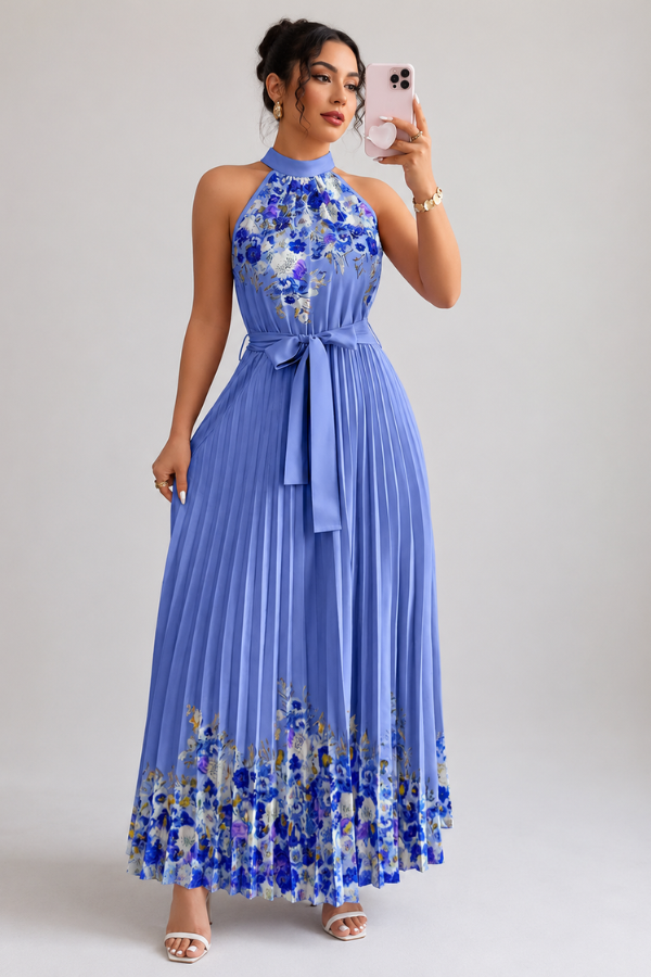 Women's summer floral midi dress, featuring a comfortable square neck and graceful pleated skirt.
