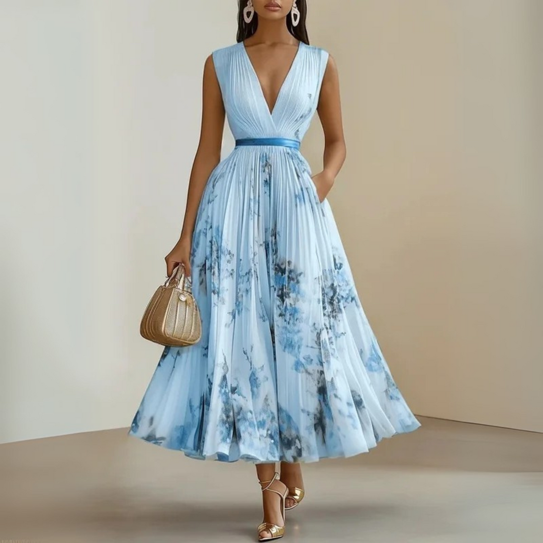 Sophisticated women's elegant floral pleated V-neck midi dress, perfect for summer events.
