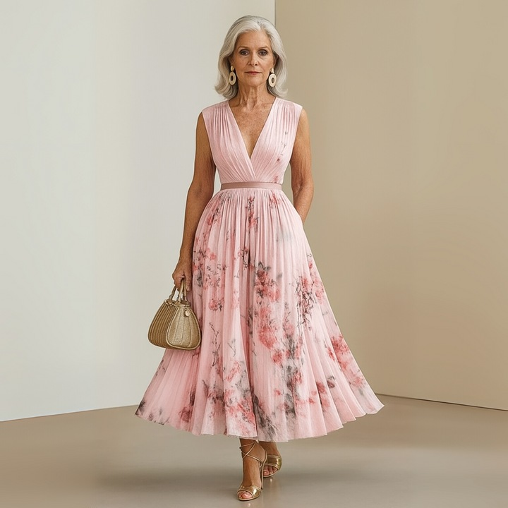 Women's elegant floral pleated V-neck midi dress, a sophisticated choice for any occasion.