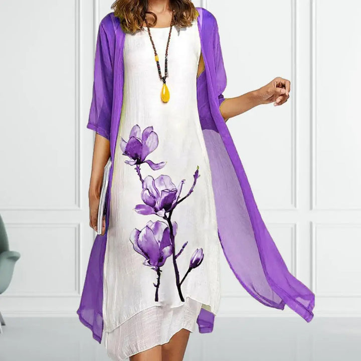 Botanical floral print midi dress & sheer cardigan set for women, a stylish layered outfit for summer elegance.