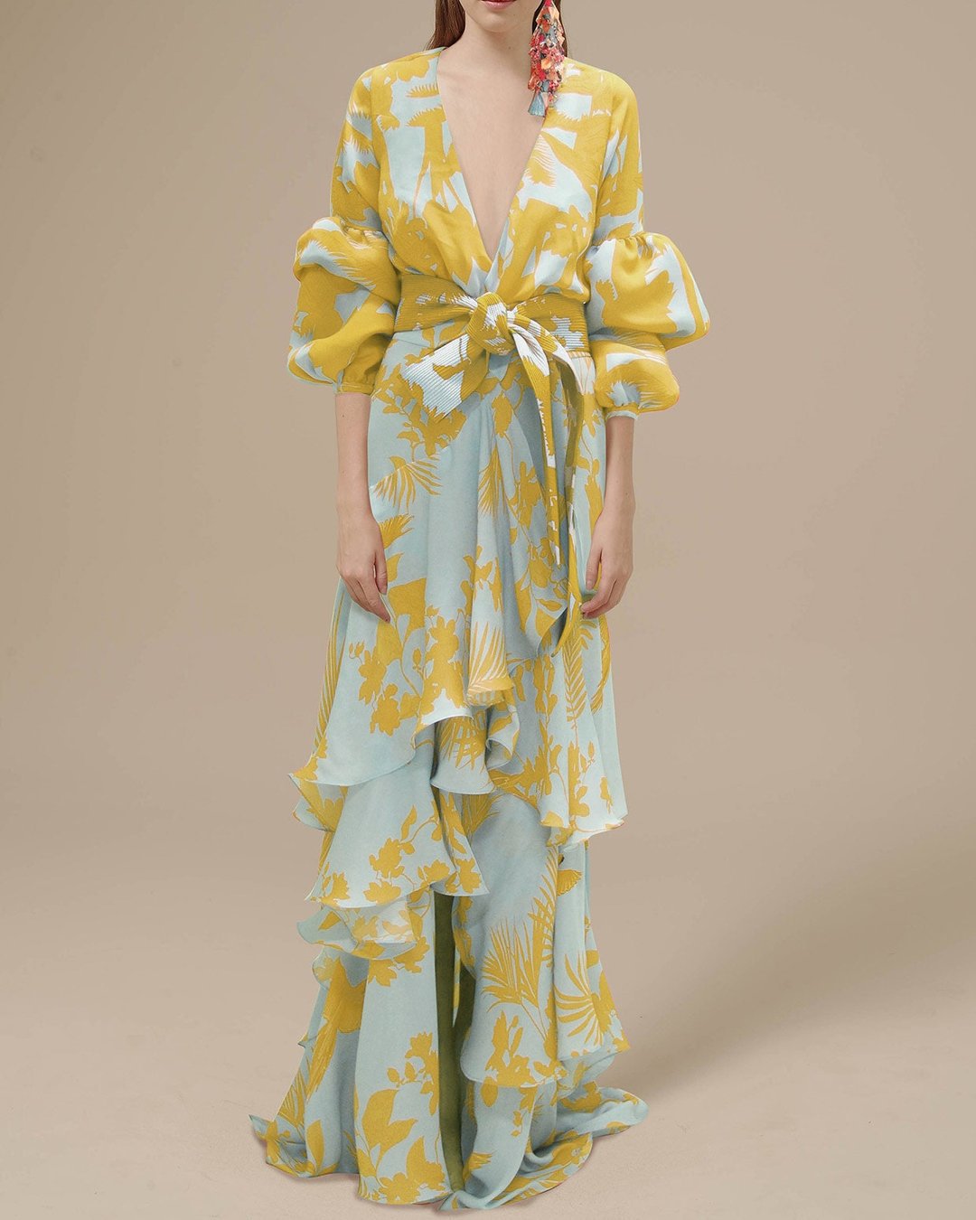 Elegant women's floral ruffle maxi dress with belted fit, perfect for weddings, parties, or special occasions.
