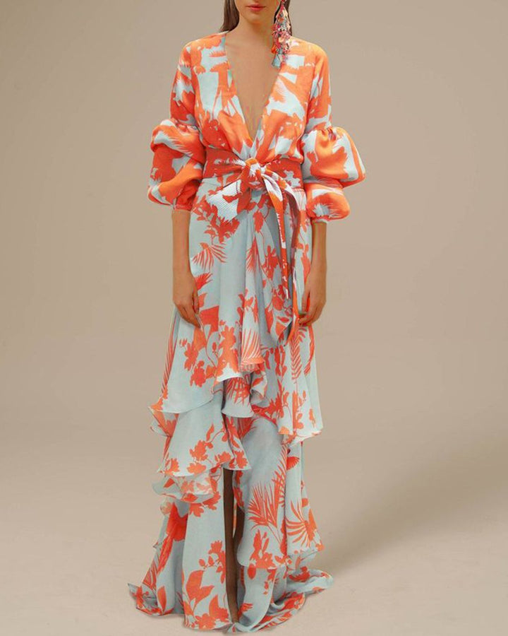 Beautiful women's floral ruffle maxi dress with a flattering belted fit, great for special occasions & elegant events.