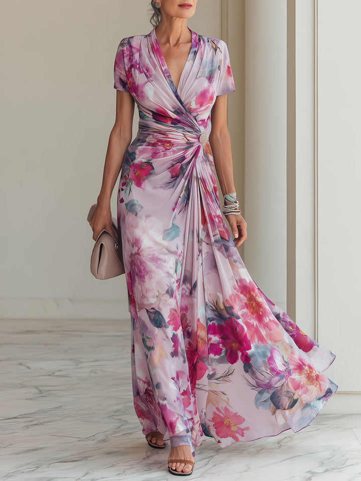 Elegant women's floral wrap maxi dress with V-neck and ruched waist. Perfect for wedding guests or formal events.