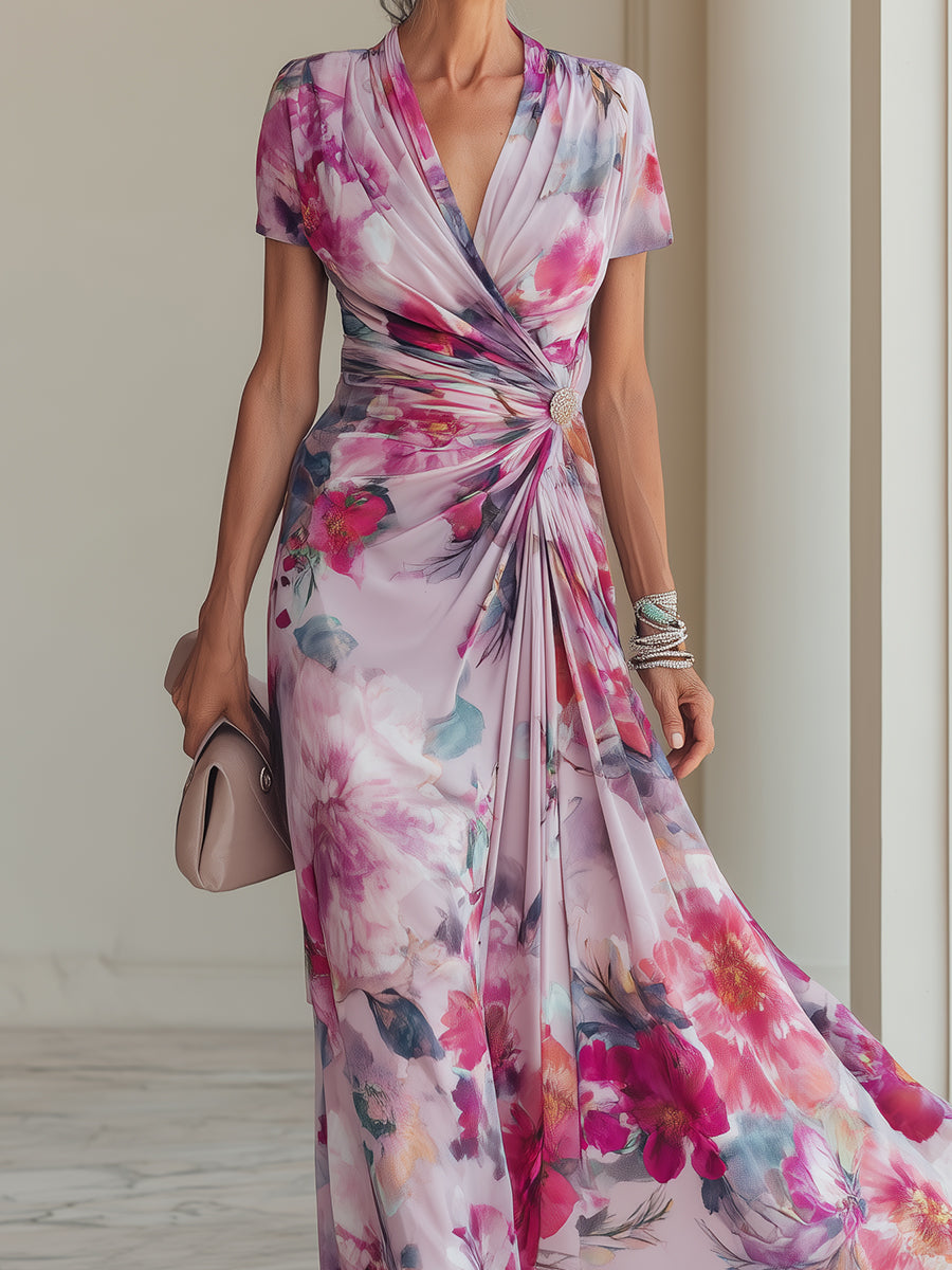Women's V-neck floral wrap maxi dress with short sleeves & ruched waist. Ideal as a formal evening gown.