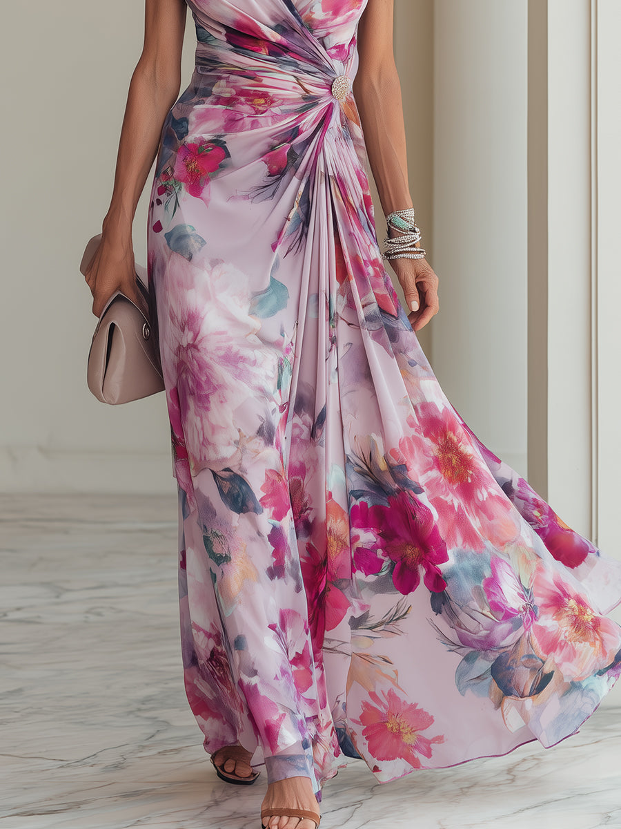 Stunning floral wrap maxi dress for women, featuring an elegant V-neck and flattering ruched waist design.