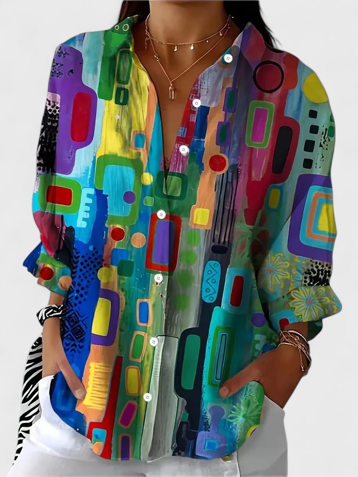 Elegant women's geometric pattern long sleeve blouse for chic, sophisticated style. Versatile for work or casual wear.