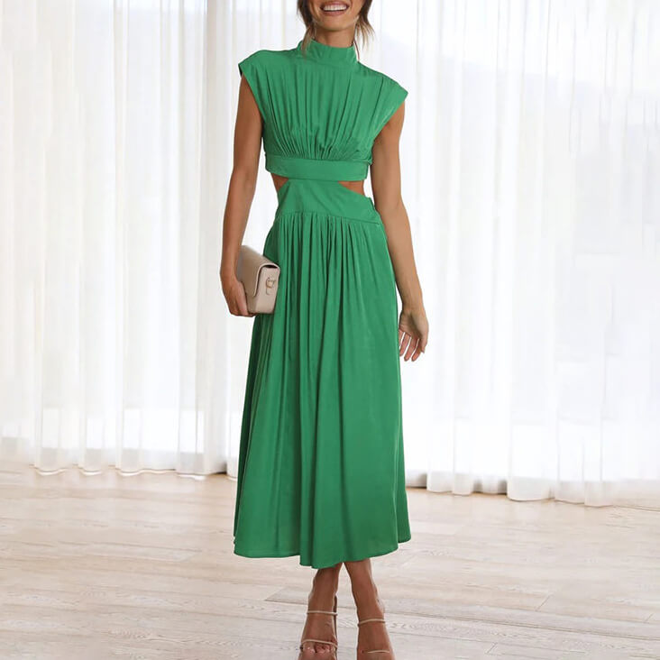 Elegant women's halter midi dress, perfect for versatile summer fashion and evening wear with a side slit.