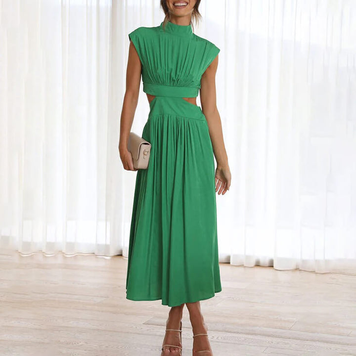 Elegant women's halter midi dress, perfect for versatile summer fashion and evening wear with a side slit.