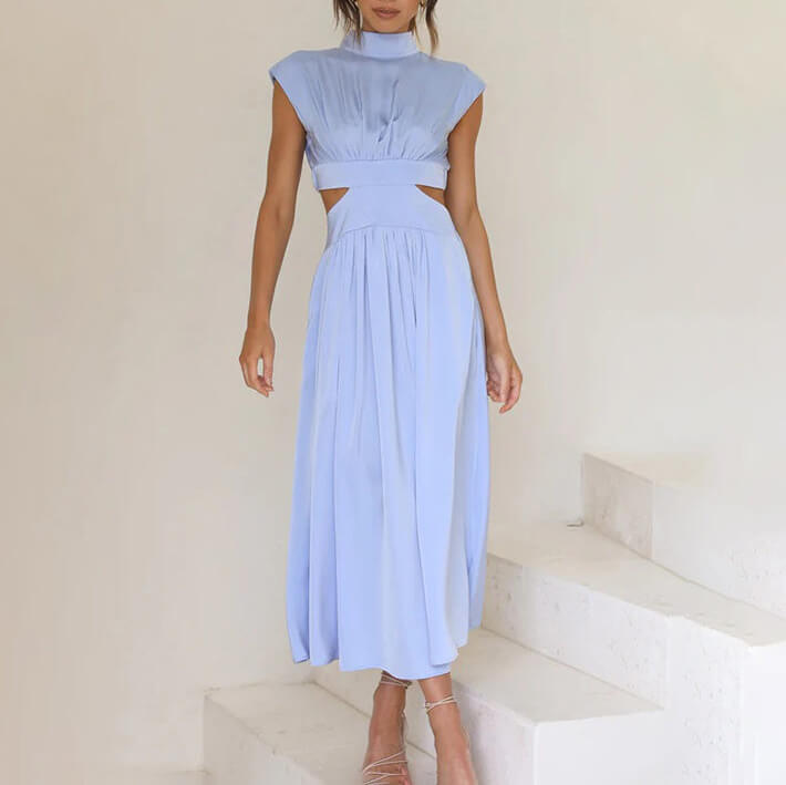 Women's elegant halter midi dress, perfect for versatile summer fashion, spring events & evening wear.