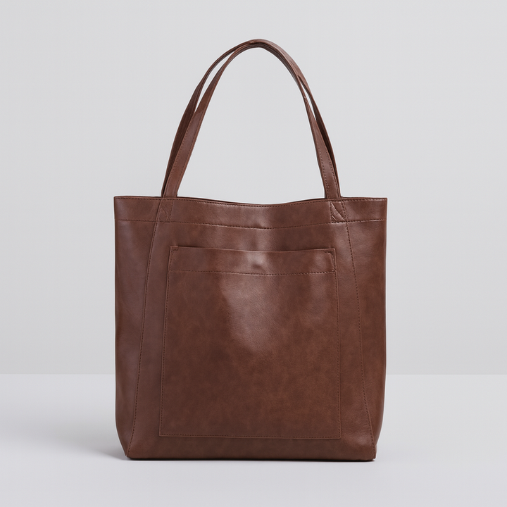 Spacious & elegant women's large tote bag for everyday carry. Brown shoulder bag with practical exterior pocket.