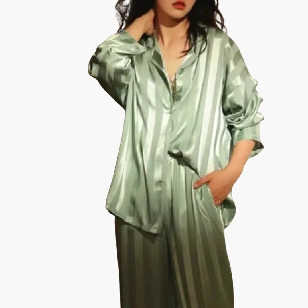 Elegant women's long sleeve lounge pajama set. Comfortable two-piece sleepwear for relaxing at home.