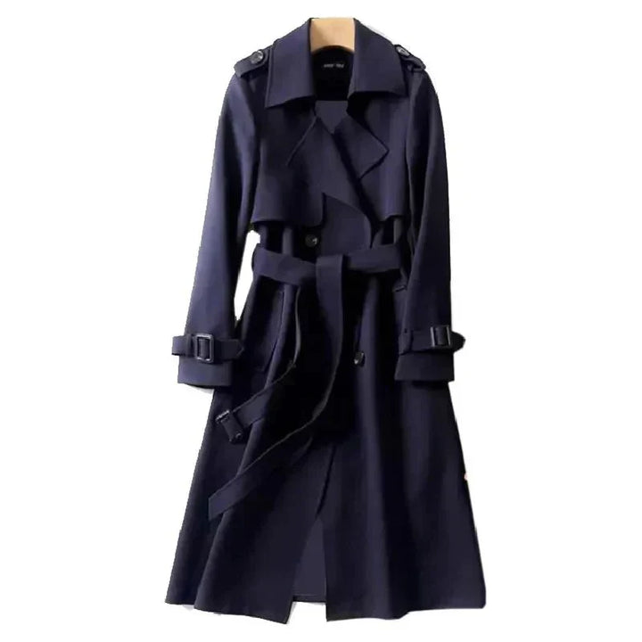 Classic women's long trench coat. Double-breasted, with a tie belt, ideal for elegant fall & office fashion.