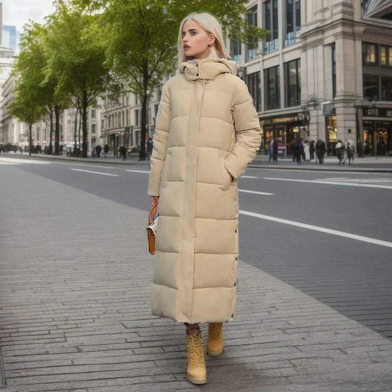 Elegant women's long winter coat, designed for warmth, style, and cold weather.