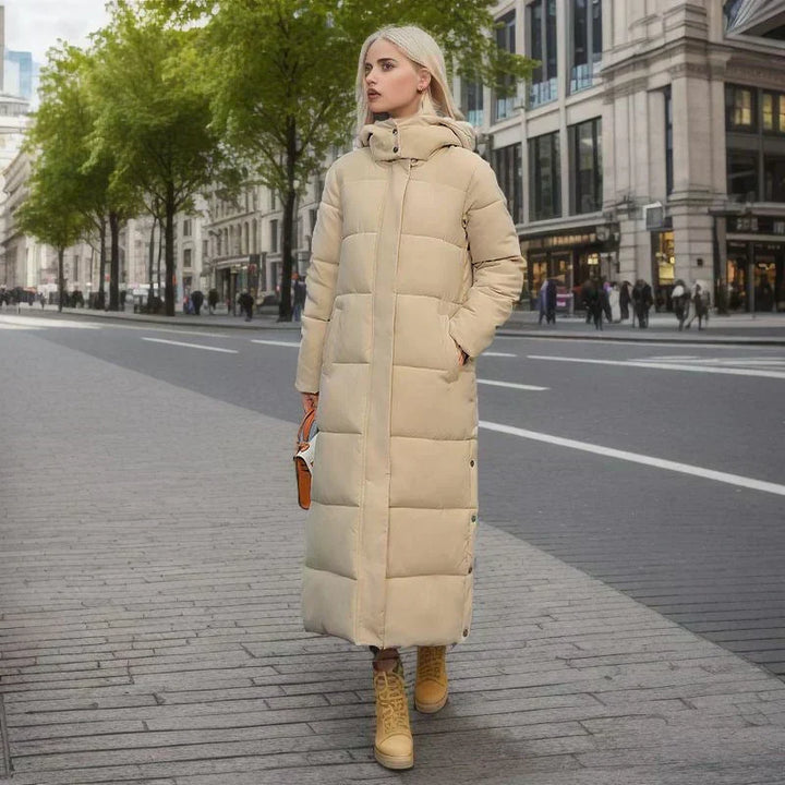 Warm ladies' long winter coat, classic style for elegant, comfortable winter fashion.