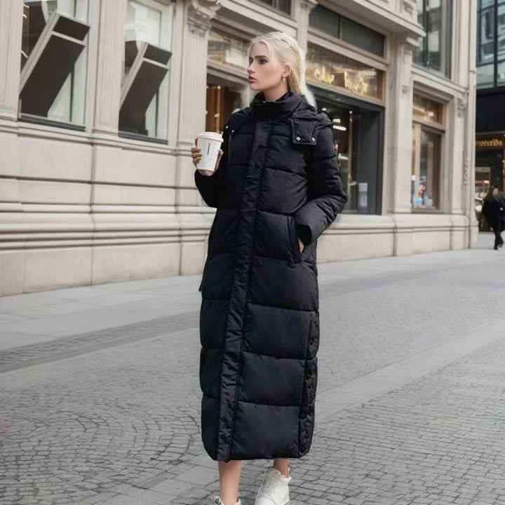 Stylish long winter coat for women, cozy and durable, perfect for cold weather outfits.