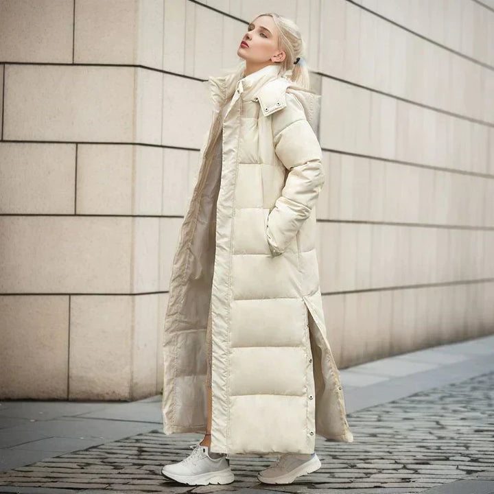 Stylish long winter coat for women, warm outerwear, perfect for winter fashion.