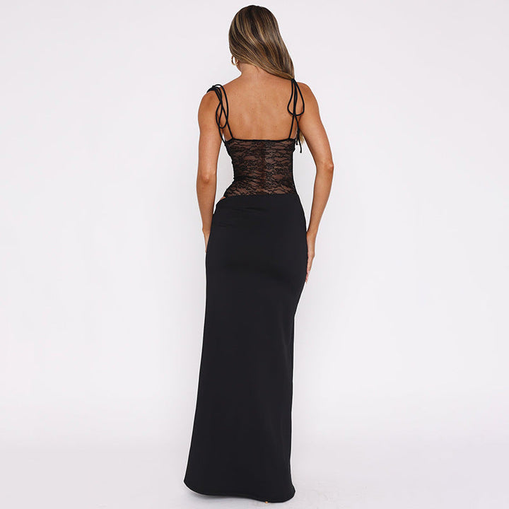 Women's formal maxi dress featuring elegant lace detailing & a flattering slim fit, perfect for evenings.