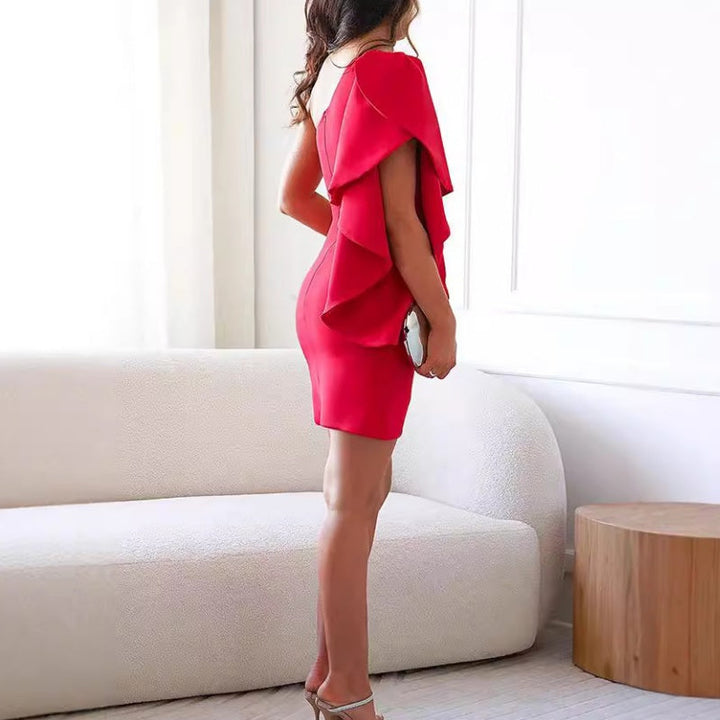 Trendy women's bodycon mini dress, one shoulder design & elegant tiered ruffle sleeve for a chic party look.