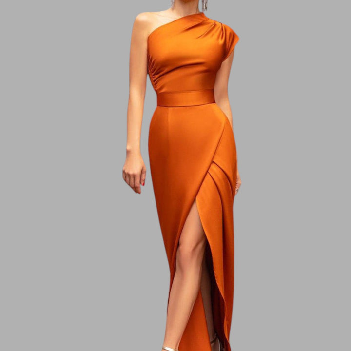 Elegant women's one-shoulder evening gown with a stylish split hem, perfect for formal events & parties.