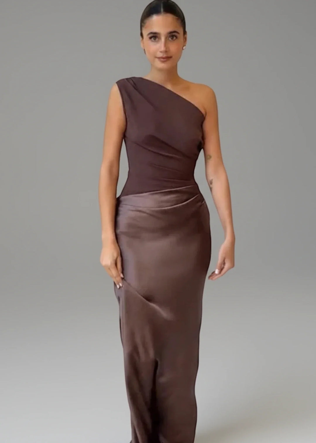 Elegant Women's One Shoulder Evening Maxi Dress in Dark Brown. Perfect formal party gown for special occasions.