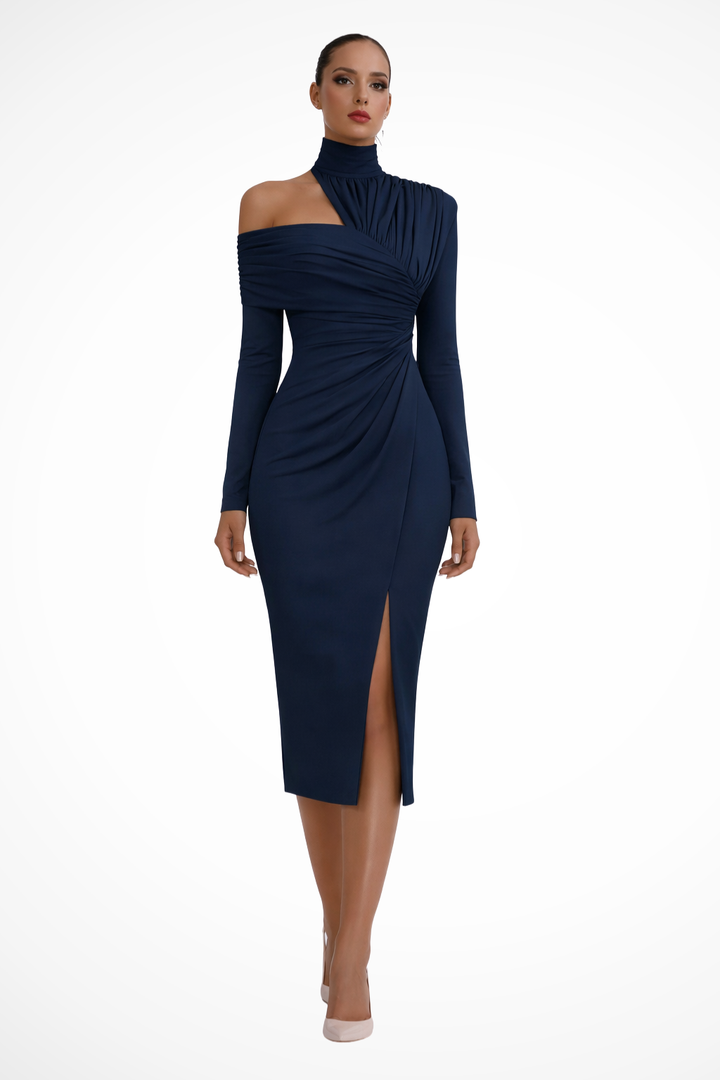 Sleek one-shoulder ruched midi dress with a sophisticated side slit, perfect for a chic look.