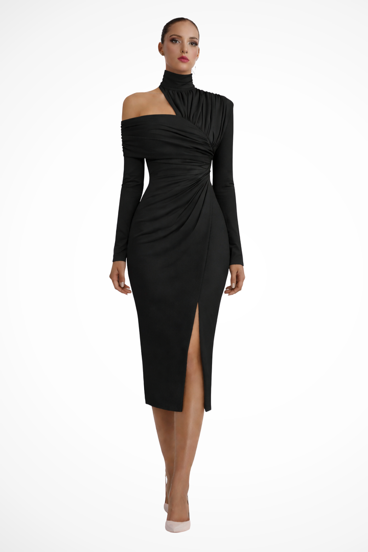 Glamorous one-shoulder ruched midi dress for women, designed with a sexy side slit for special occasions.