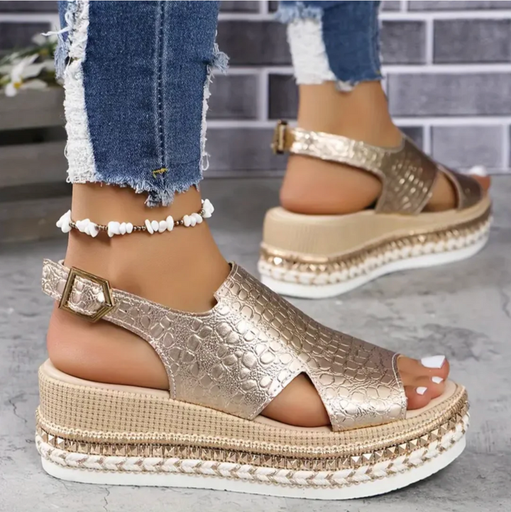 Women's elegant heeled orthopedic sandals featuring arch support & adjustable strap for stylish comfort.