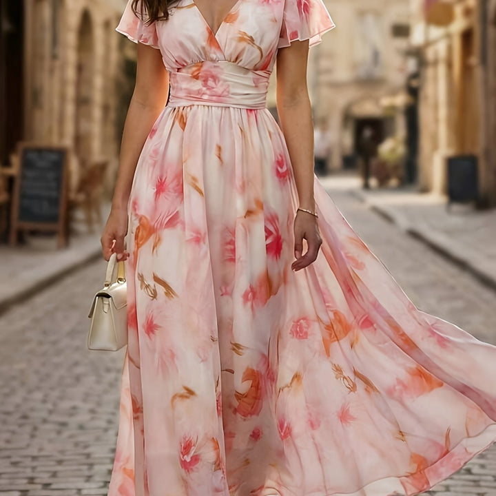 Versatile women's pink floral maxi dress with flutter sleeves & V-neck, suitable for parties & summer elegance.