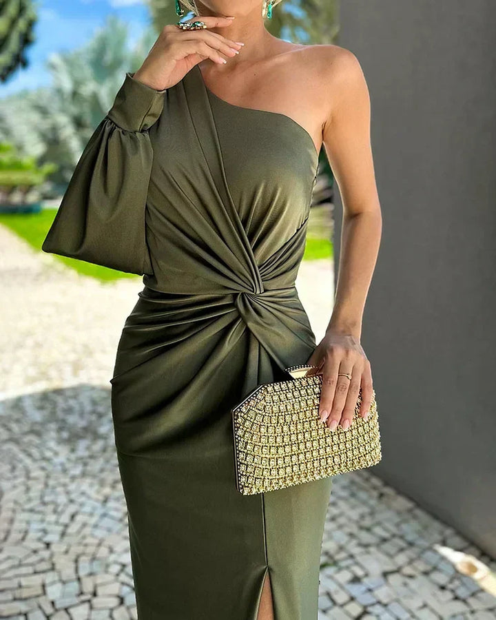 Chic women's formal pleated green dress with sophisticated design, ideal for parties & special occasions.