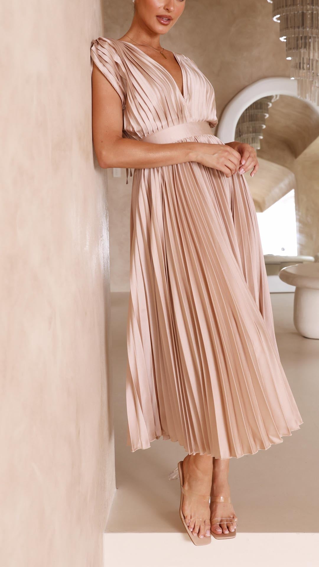 Flowing Pleated Maxi Dress, women's deep V-neck, elegant style for special occasions.