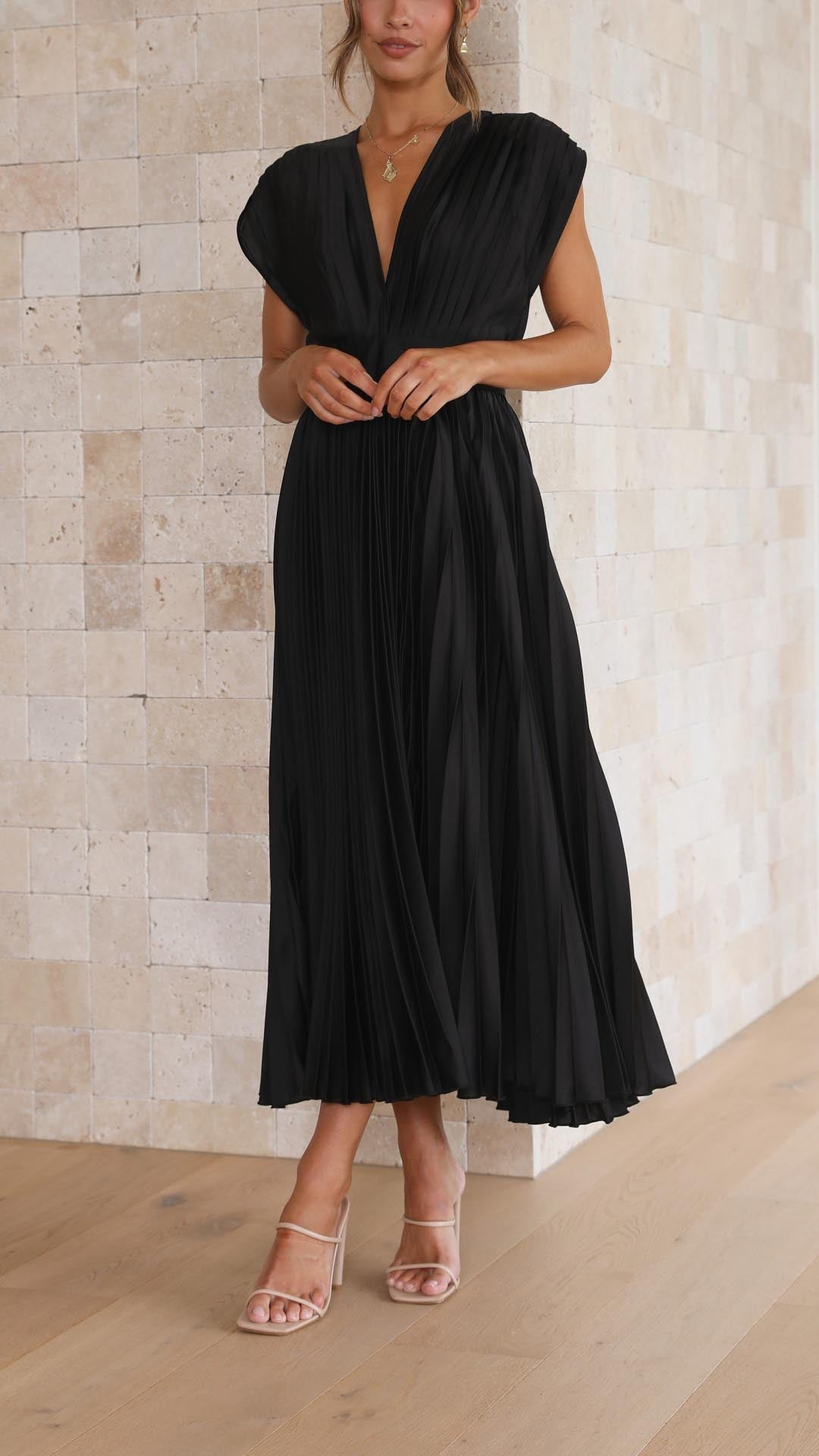 Accordion Pleat Maxi Dress, women's deep V-neck, sophisticated for wedding guests.