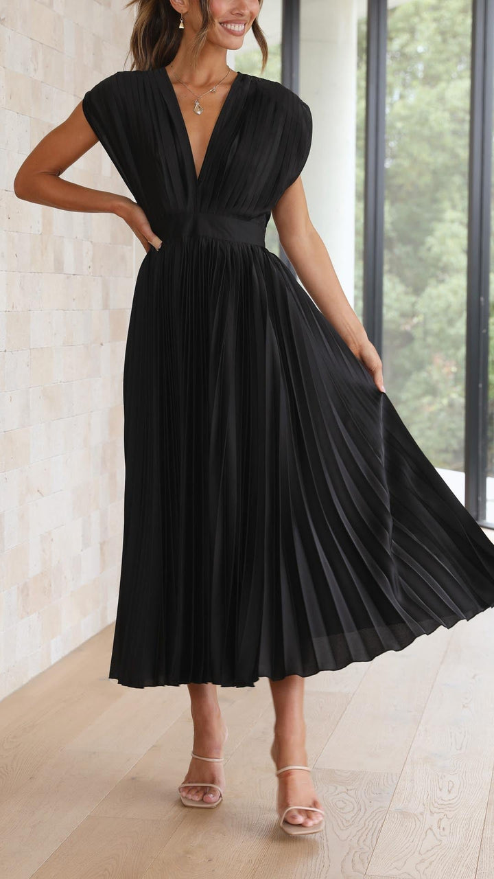 Women's Cocktail Dress, deep V-neck, elegant pleated maxi style for formal parties.
