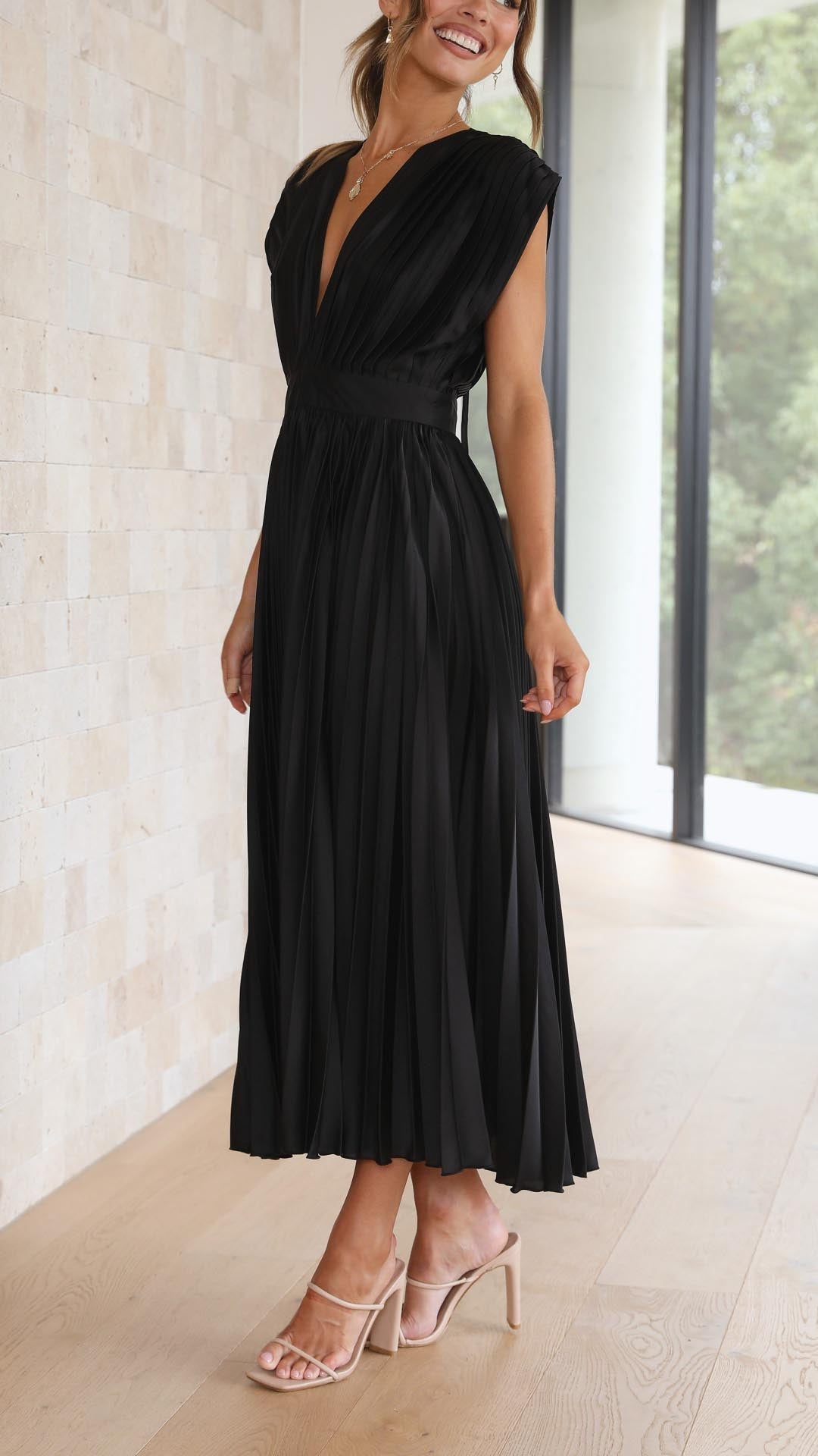 Special Occasion Maxi Dress for women, deep V-neck, elegant pleats, sleeveless design.