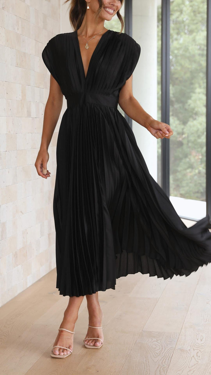Deep V-Neck Formal Dress, women's elegant pleated maxi, ideal for sophisticated events.