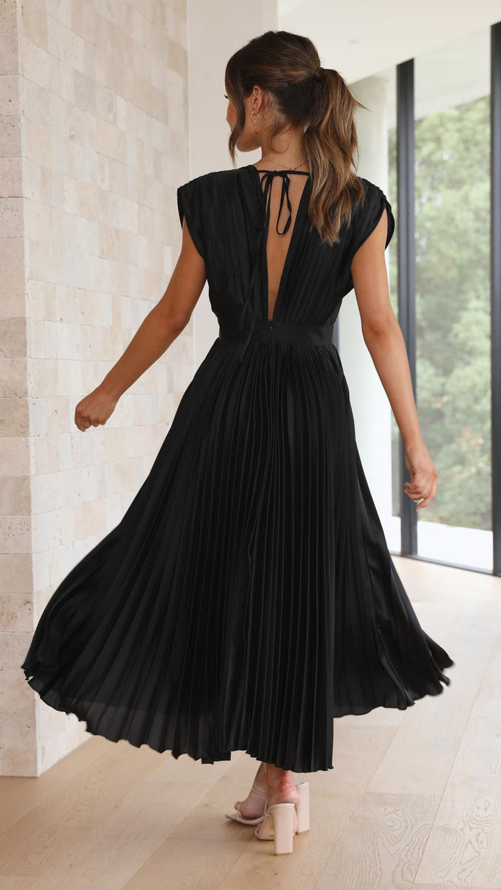 Chic Formal Maxi Dress, women's deep V-neck & flowing pleated skirt for evenings.