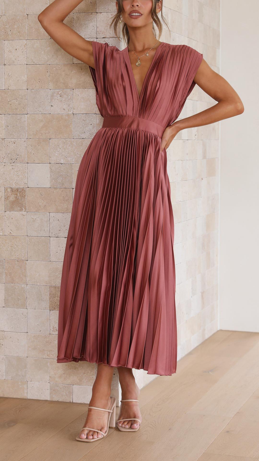 Women's Formal Maxi Dress, featuring an elegant pleated skirt and deep V-neckline.