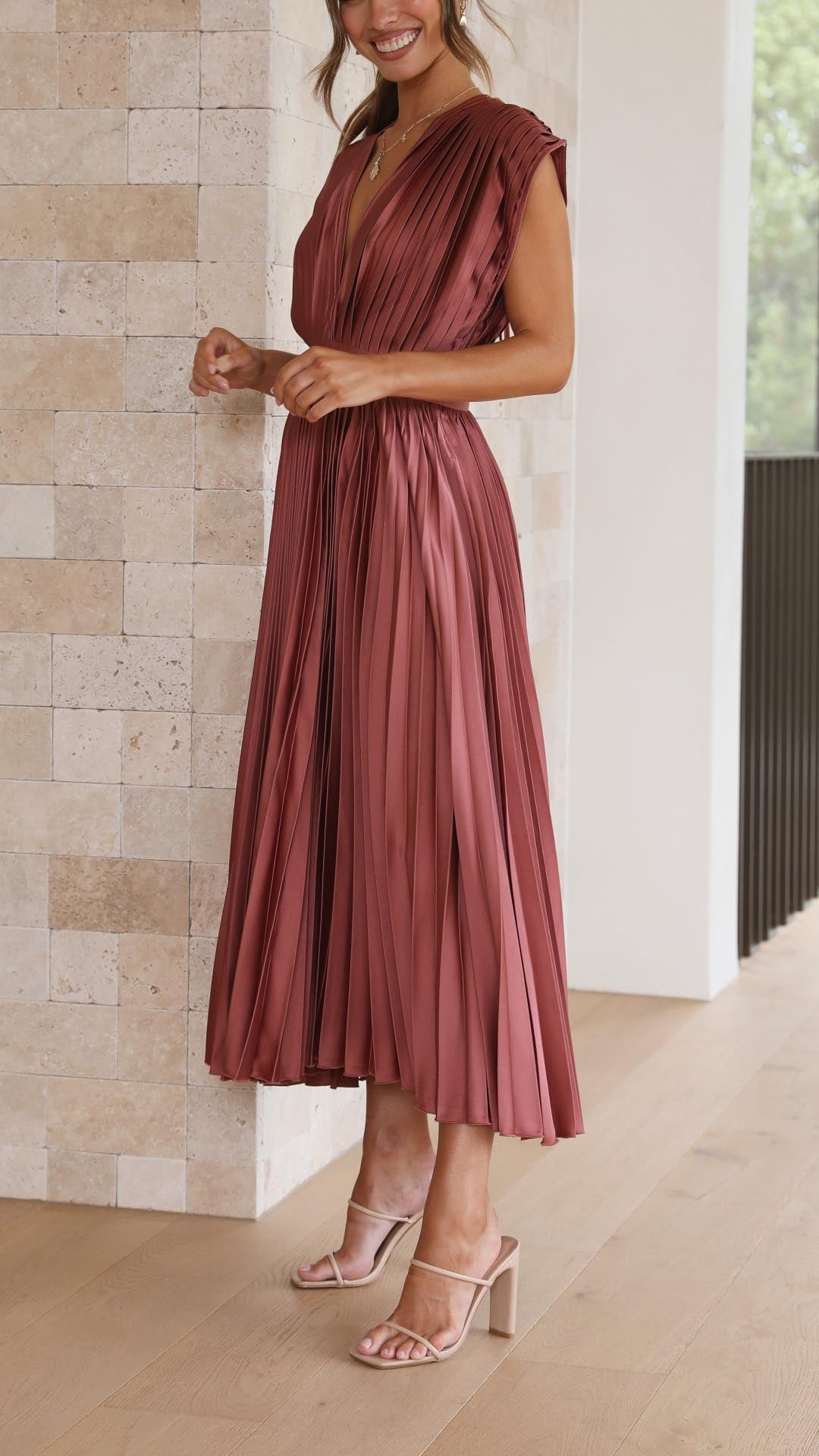 Beautiful Women's Elegant Maxi Dress, pleated skirt, deep V-neck, formal style.