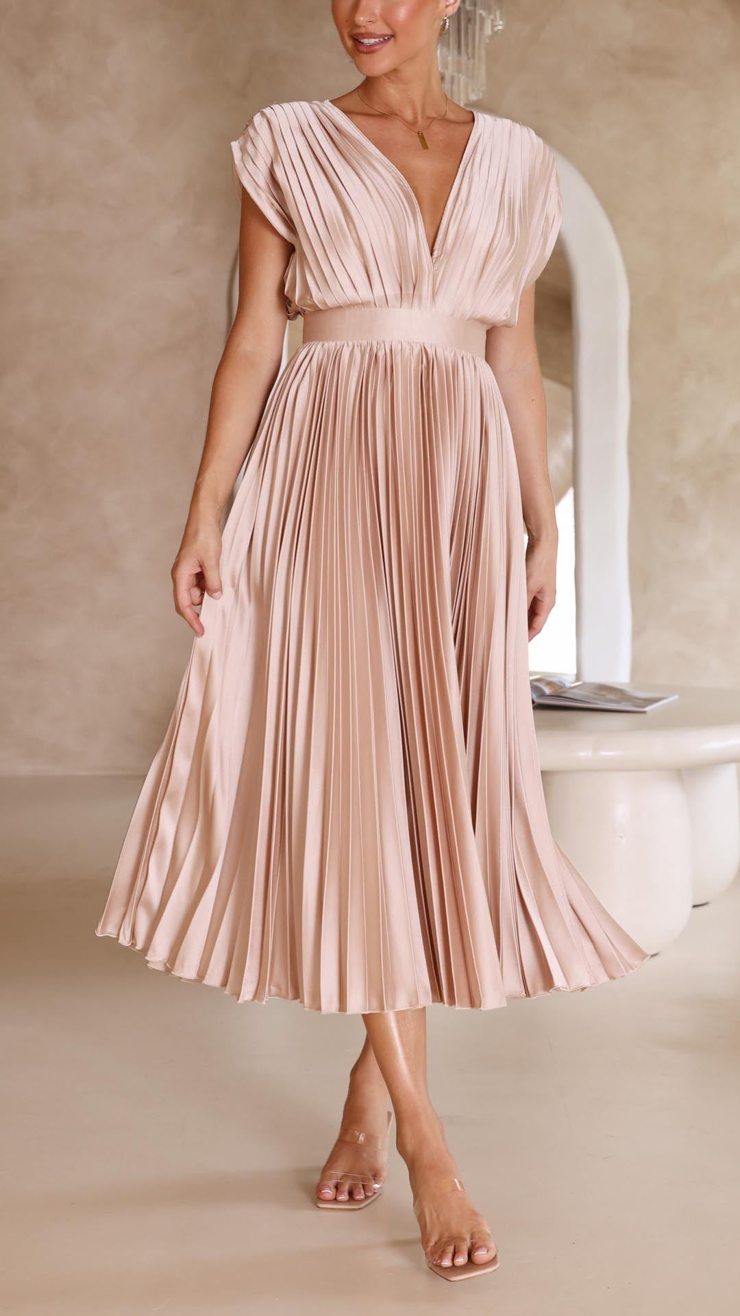 Sophisticated Women's Formal Dress, accordion pleat maxi skirt & deep V-neck.