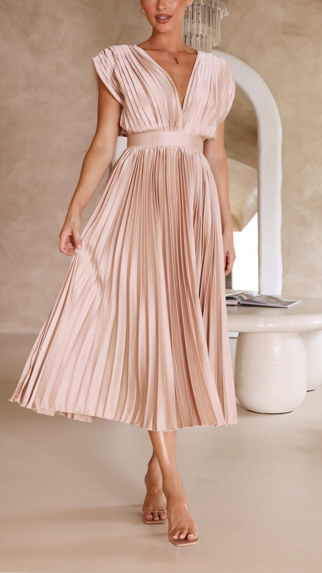 Stunning Deep V-Neck Maxi Dress, pleated & elegant, perfect for evening gowns.