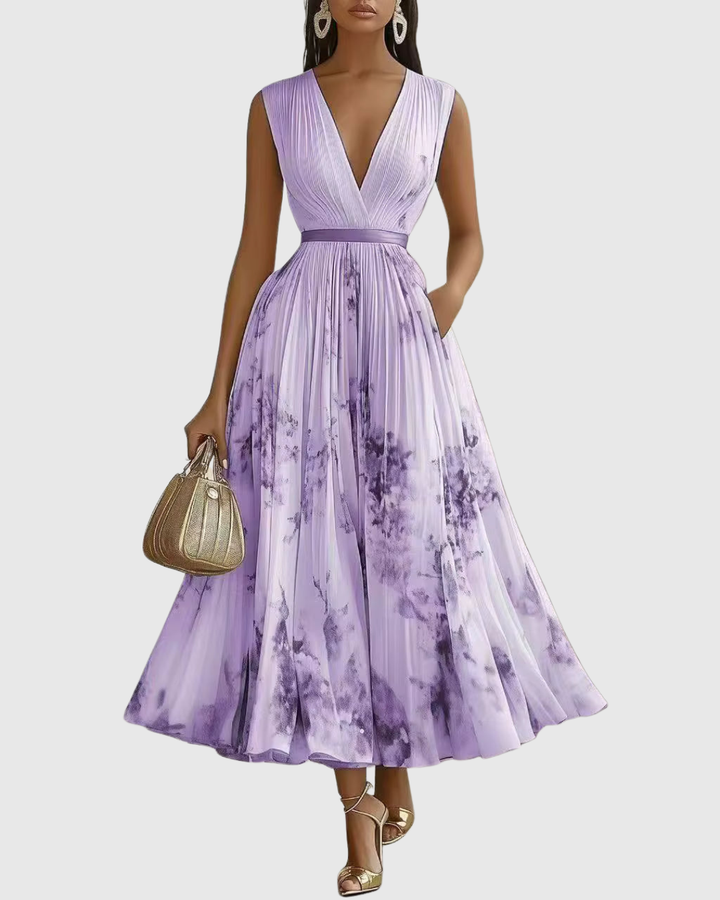 Elegant pleated maxi dress for women, featuring long sleeves and a stylish tie-waist silhouette.