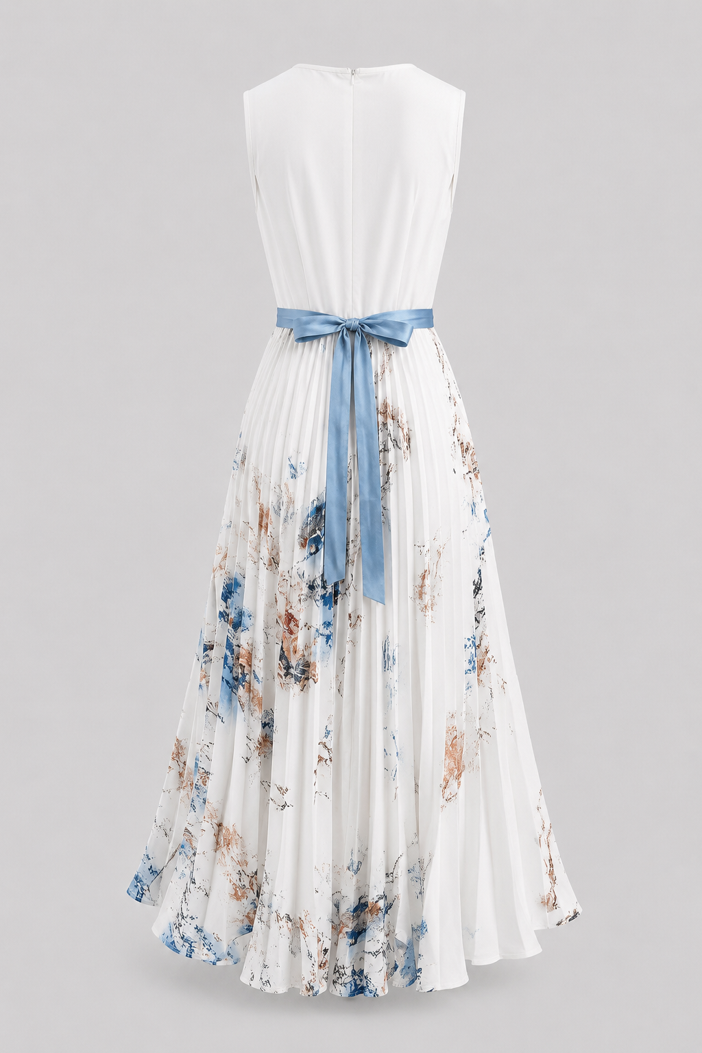 Flowy sleeveless maxi dress for women, featuring a V-neck, elegant pleats, and a stylish tie-waist.