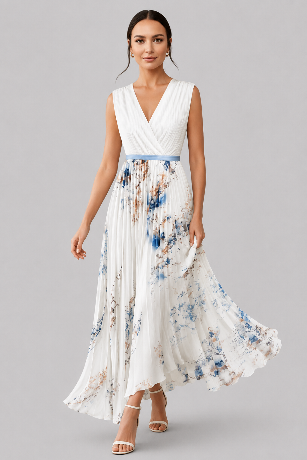 Chic ladies' V-neck pleated long dress with a flattering waist tie, ideal for occasion wear.